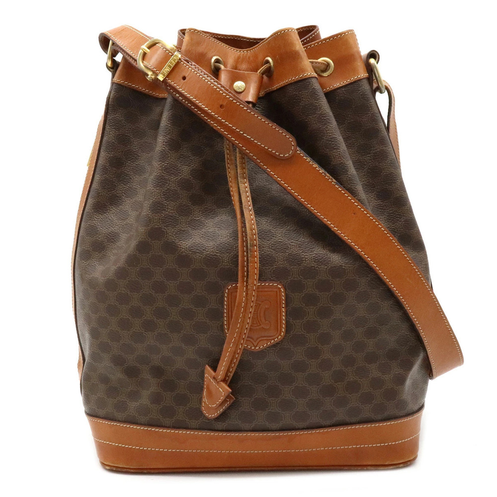 Celine Macadam Drawstring Bag Shoulder Hobo Leather Dark Brown